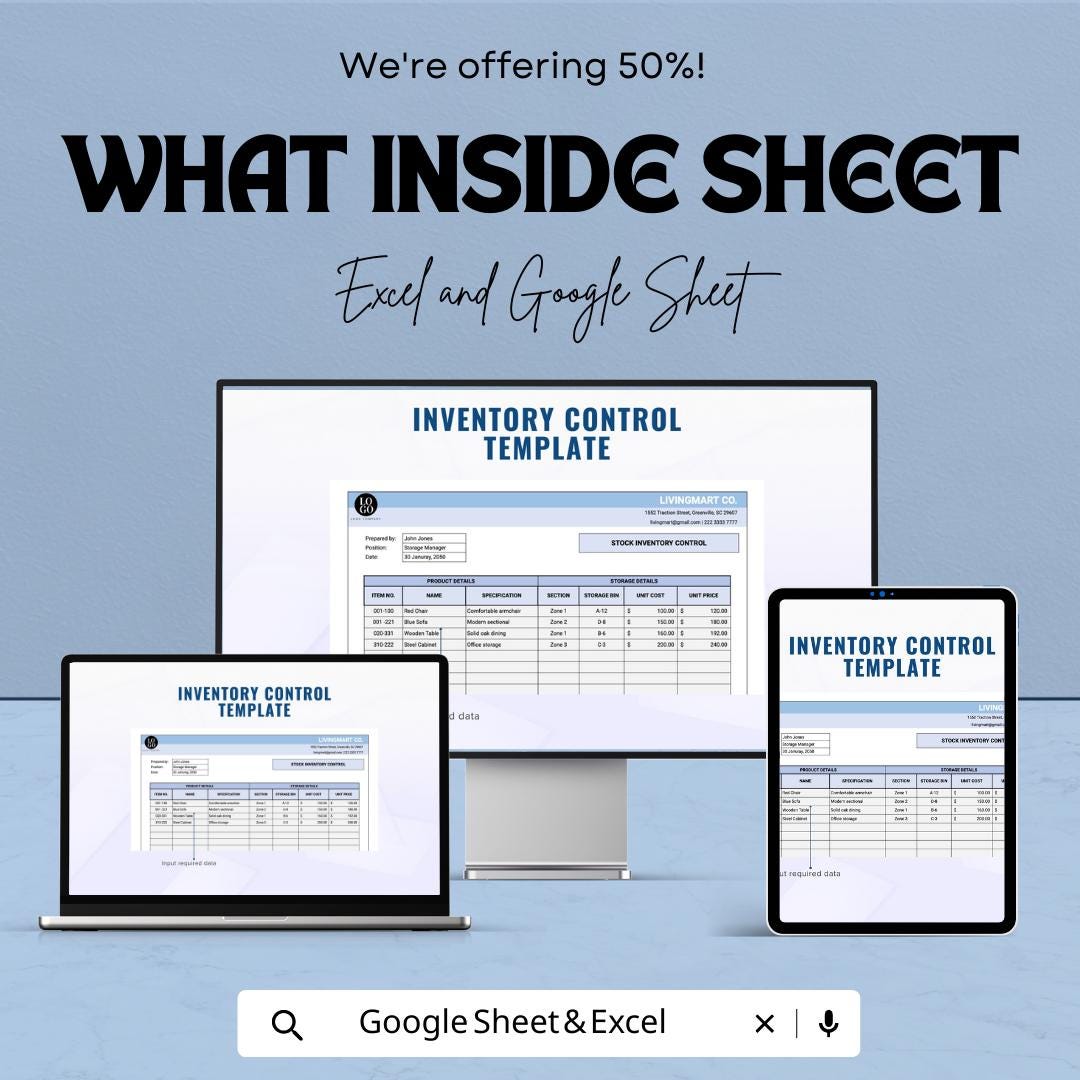 Inventory Control Template | Stock Management Spreadsheet | Excel & Google Sheets Inventory Tracker | Warehouse Stock Control Log