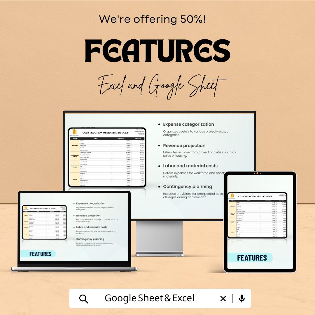 Construction Operating Budget Template | Excel & Google Sheets | Construction Budget Planner | Project Cost Spreadsheet