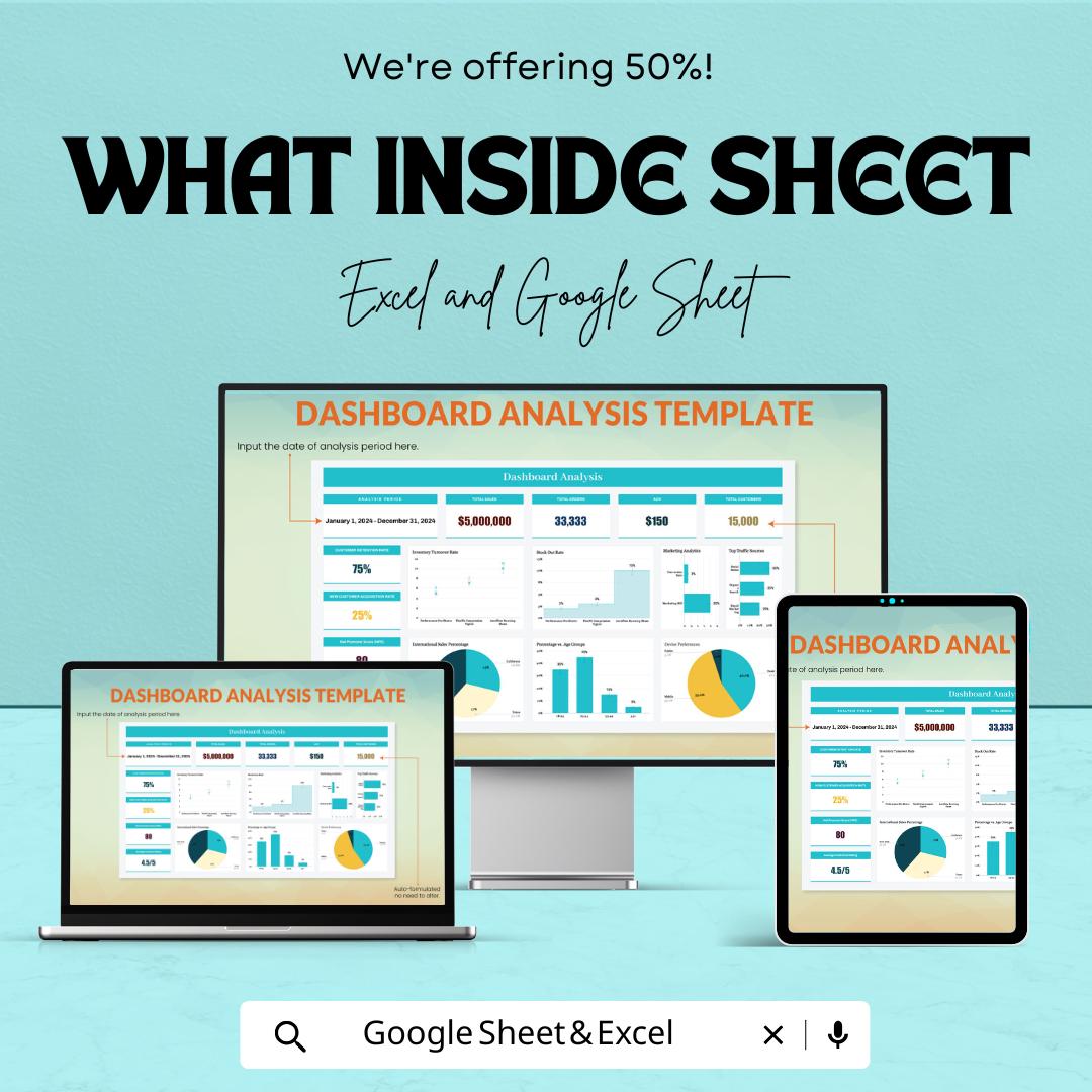 Dashboard Analysis Template | Business KPI Dashboard Spreadsheet | Data Analysis Report Template | Performance Analytics Tool