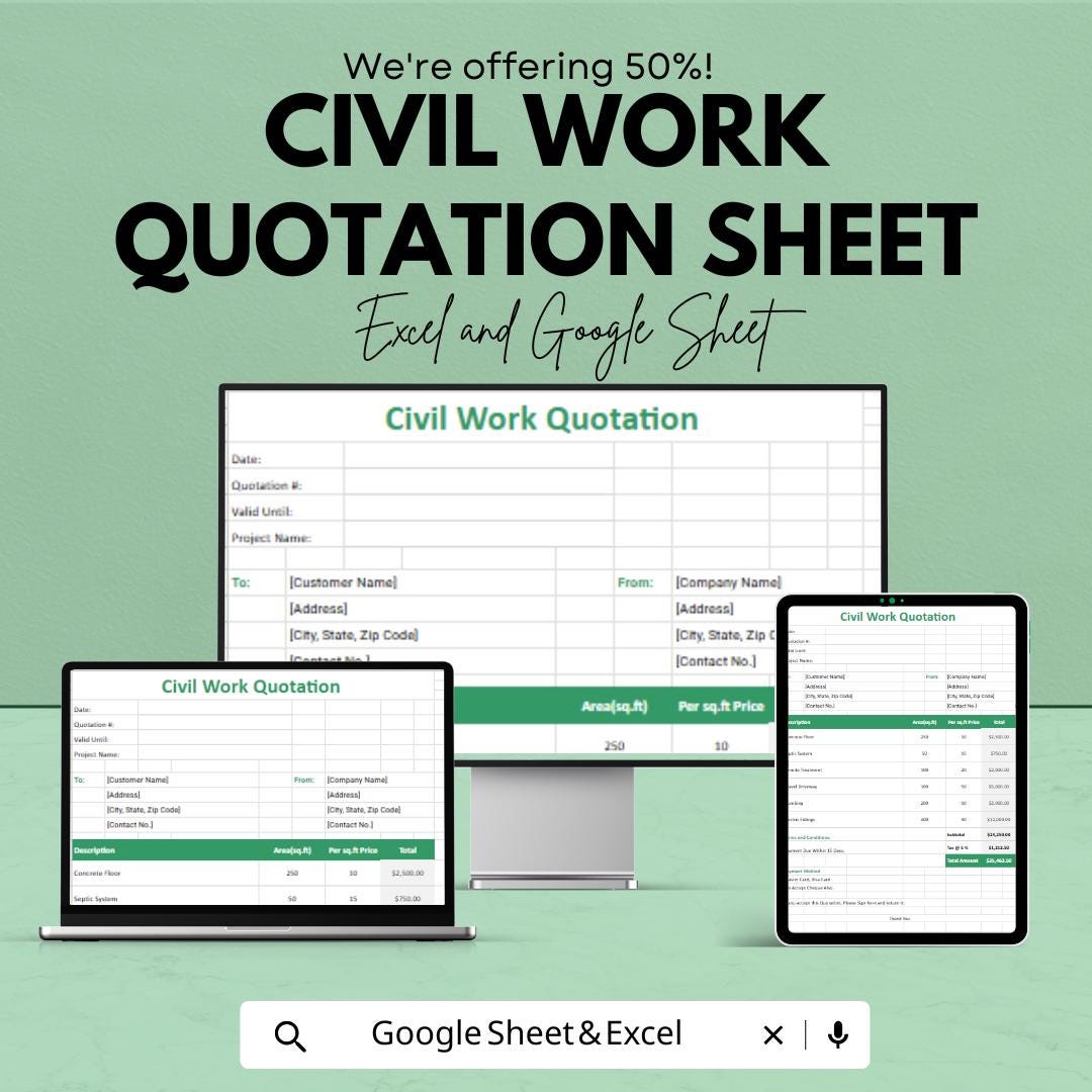 Civil Work Quotation Sheet | Excel & Google Sheets Template | Construction Quotation Form | Building Estimate Tracker | Professional Quote