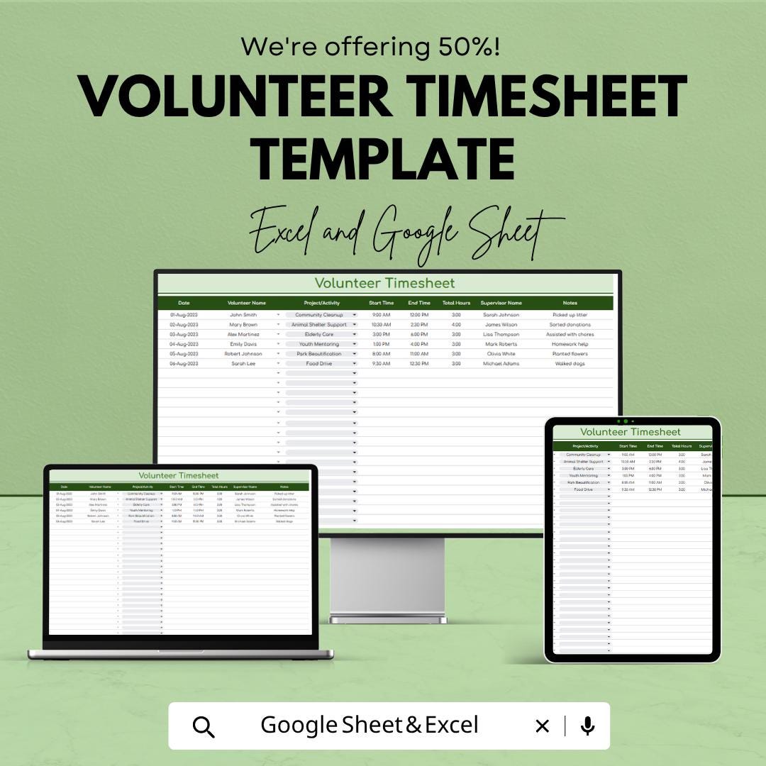 Volunteer Timesheet Template | Volunteer Hours Tracker | Nonprofit Time Log | Volunteer Tracking Spreadsheet