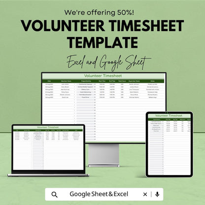 Volunteer Timesheet Template | Volunteer Hours Tracker | Nonprofit Time Log | Volunteer Tracking Spreadsheet