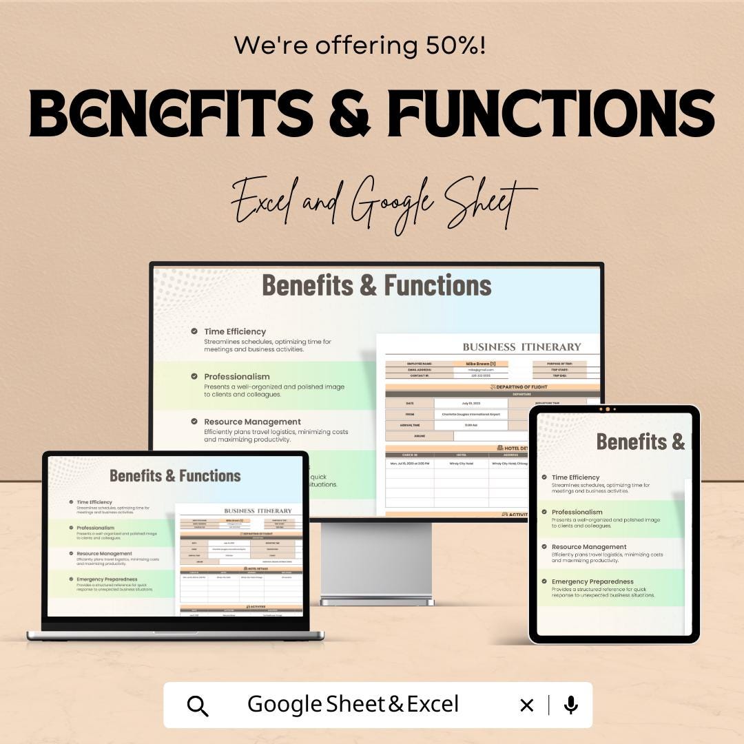 Business Itinerary Sheet | Google Sheets & Excel Template for Business Travel Planning | Professional Trip Schedule Template |
