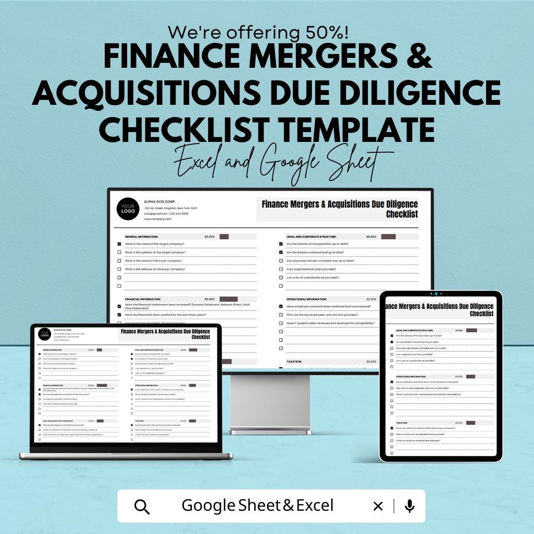 Finance Mergers & Acquisitions Due Diligence Checklist | MandA Due Diligence Template | Excel and Google Sheets | Business Acquisition Tool