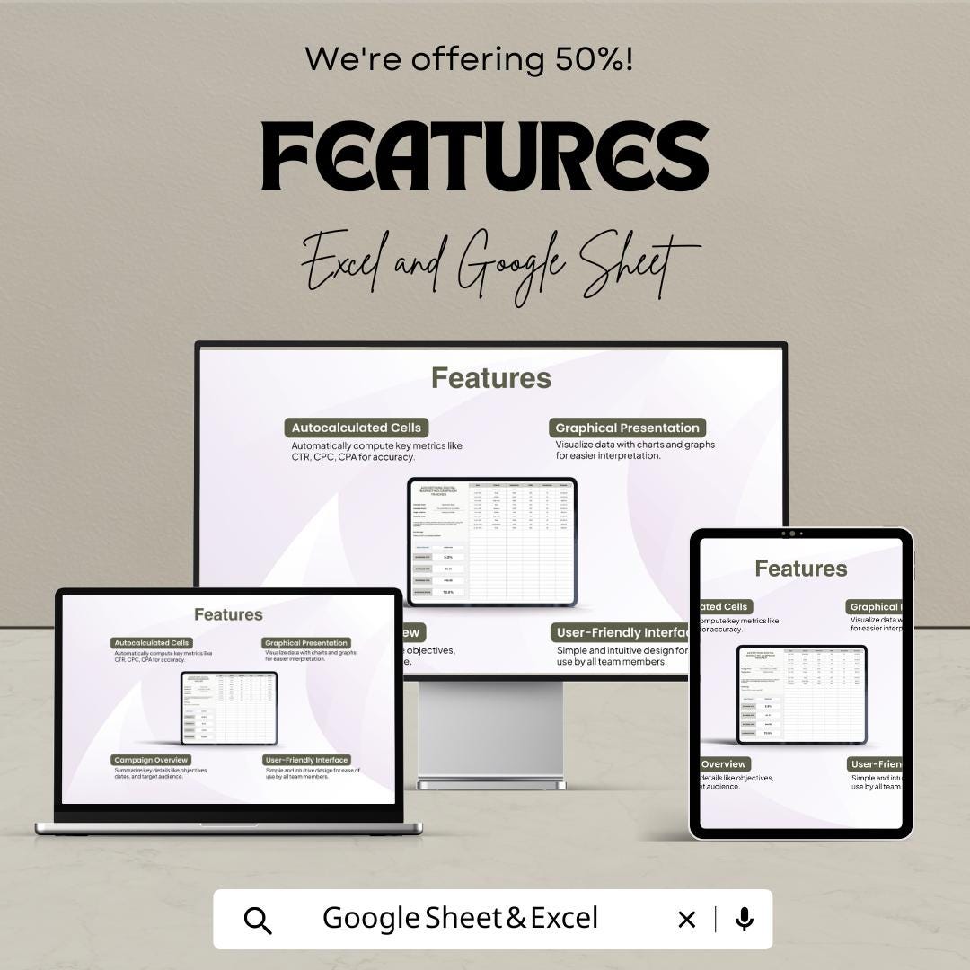 Advertising Digital Marketing Campaign Tracker Template | Ad Performance Tracker | Marketing Metrics Log | CPC CTR CPA Tracker
