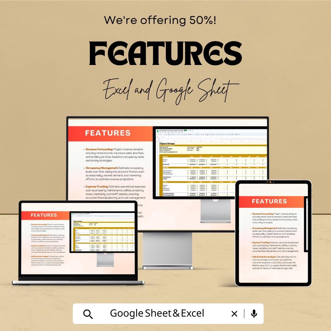 Self Storage Unit Financial Projection Template | Storage Business Forecast | Revenue & Expense Model | Financial Planning Spreadsheet
