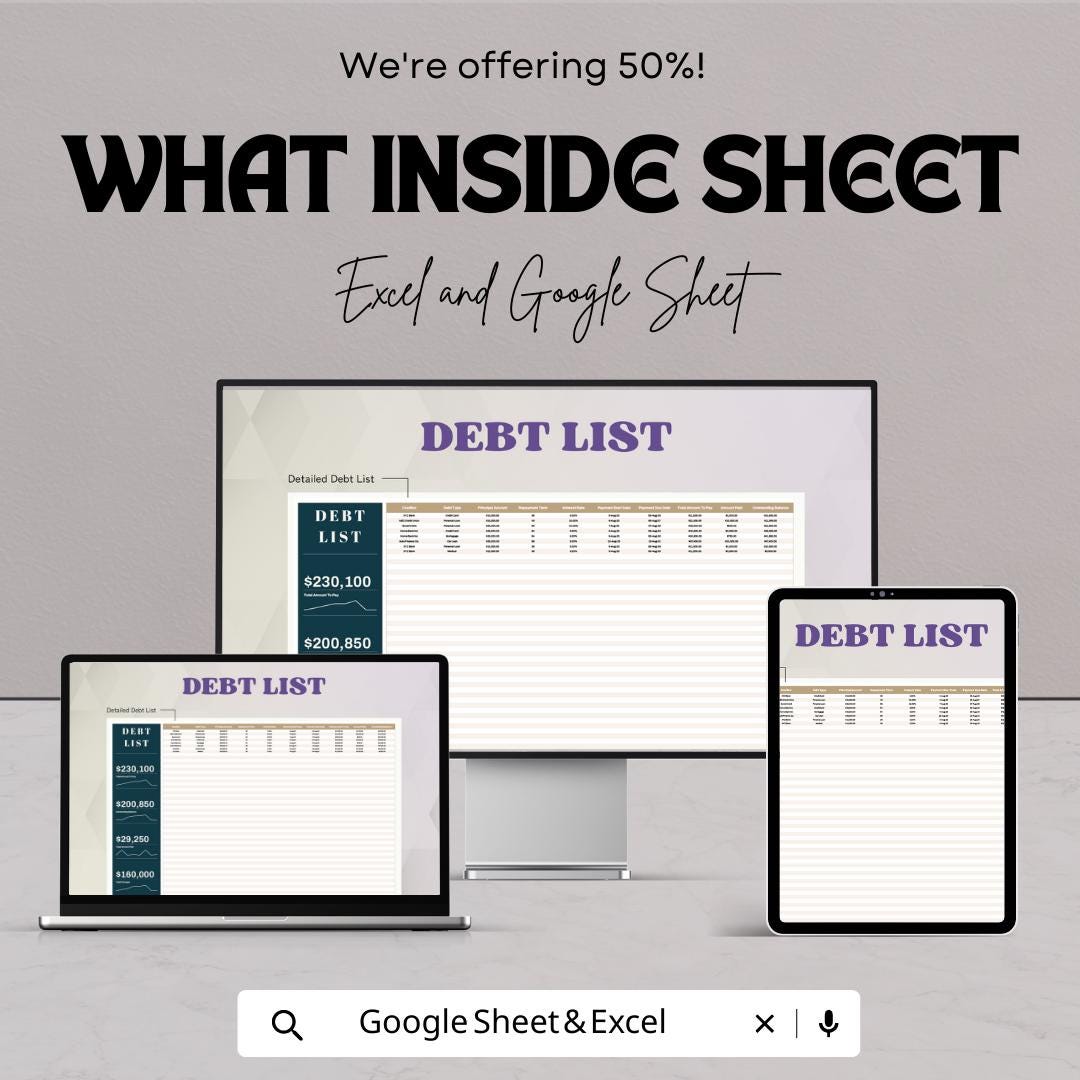 Debt List Template | Excel & Google Sheets Debt Tracker | Debt Payoff Spreadsheet | Personal Finance Organizer | Editable Debt Planner