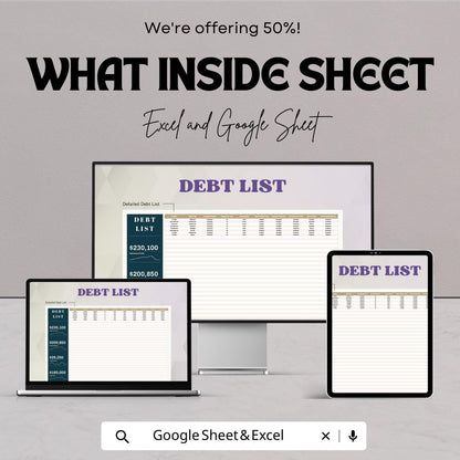 Debt List Template | Excel & Google Sheets Debt Tracker | Debt Payoff Spreadsheet | Personal Finance Organizer | Editable Debt Planner