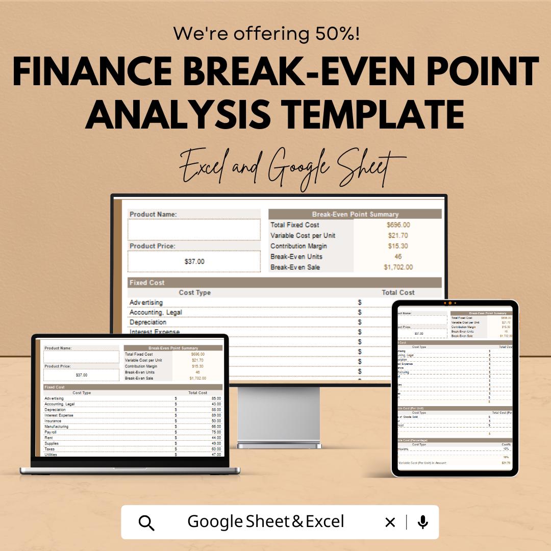 Finance Break-Even Point Analysis Template | Excel & Google Sheets Profit Planning Tool | Fixed Variable Cost Calculator