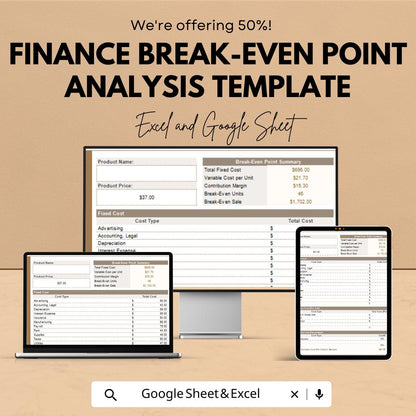 Finance Break-Even Point Analysis Template | Excel & Google Sheets Profit Planning Tool | Fixed Variable Cost Calculator