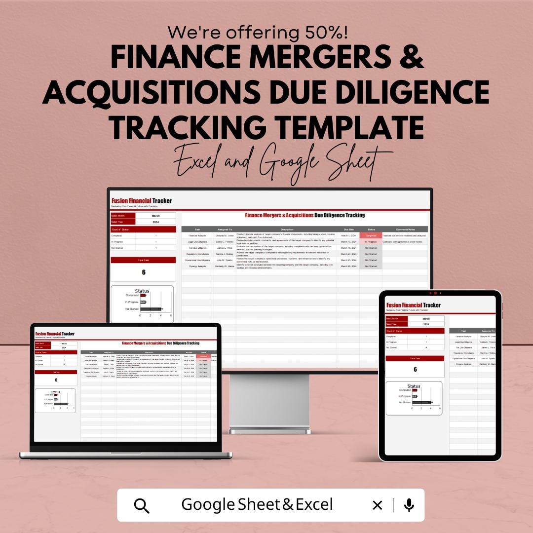 Finance Mergers & Acquisitions Due Diligence Tracking Template | Due Diligence Checklist Spreadsheet | Business Finance Tool