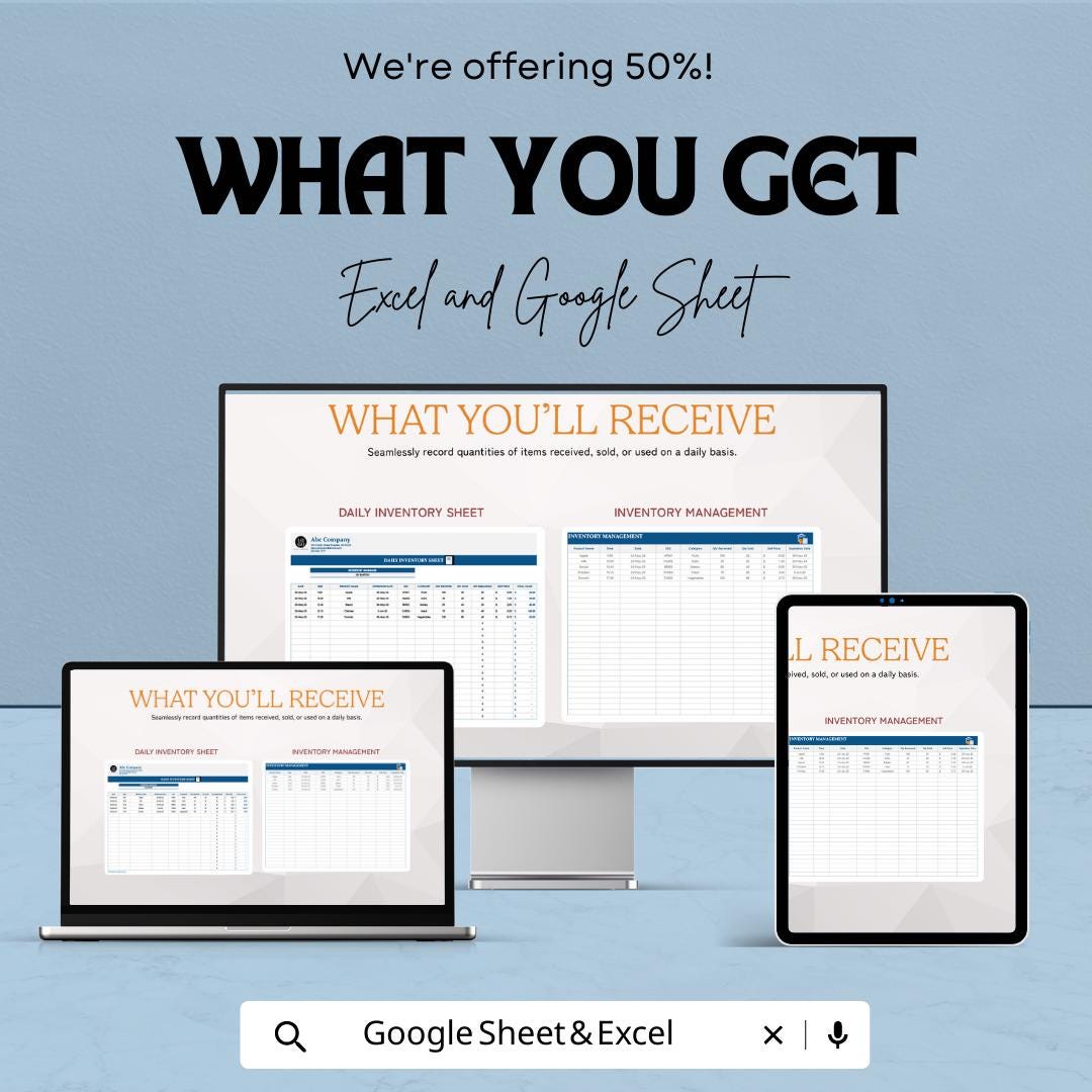 Daily Inventory Sheet Template Excel, Stock Tracker Spreadsheet, Inventory Log Sheet,  Inventory Tracker, Small Business Stock Log