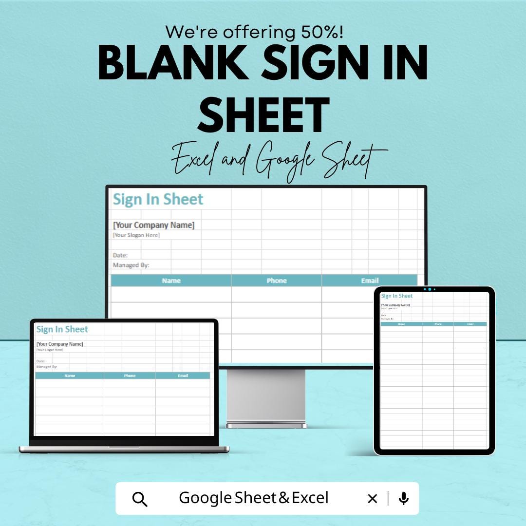 Blank Sign-In Sheet for Excel & Google Sheets – Customizable Template | Digital Download – 50% OFF