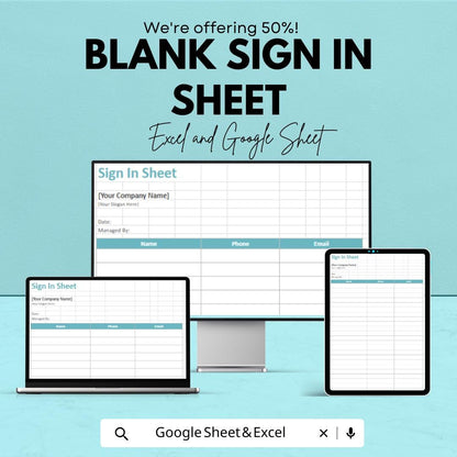 Blank Sign-In Sheet for Excel & Google Sheets – Customizable Template | Digital Download – 50% OFF