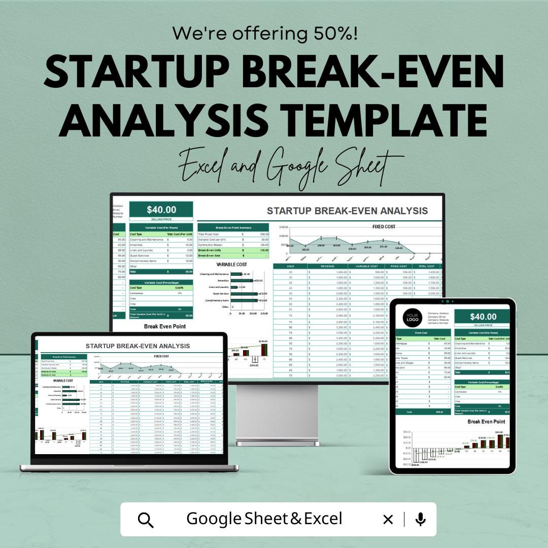 Startup Break Even Analysis Template | Excel & Google Sheets | Break Even Calculator | Business Financial Planning Spreadsheet