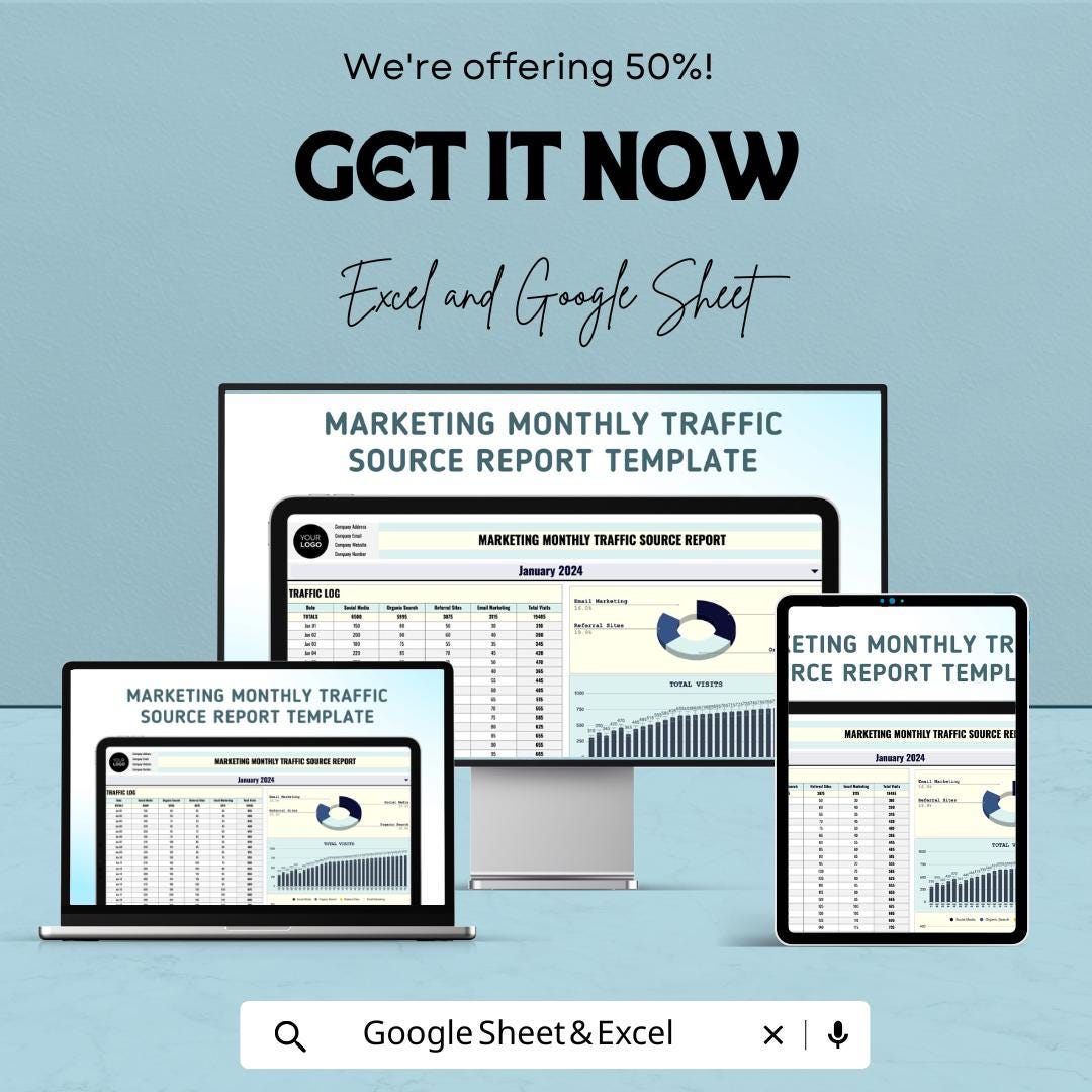Marketing Monthly Traffic Source Report Sheet | Website Traffic Analysis & Source Tracking | Traffic Data Template | Marketing Metrics