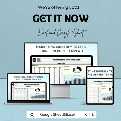 Marketing Monthly Traffic Source Report Sheet | Website Traffic Analysis & Source Tracking | Traffic Data Template | Marketing Metrics