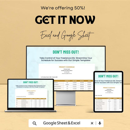 Simple Freelance Schedule Sheet Template | Project Planner | Excel & Google Sheet | Time Management | Customizable Schedule