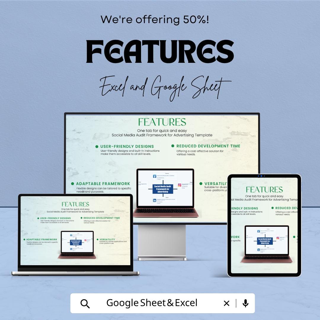 Social Media Audit Template | Marketing Audit Framework | Advertising Strategy Planner | Excel & Google Sheets | Social Media Analysis Tool