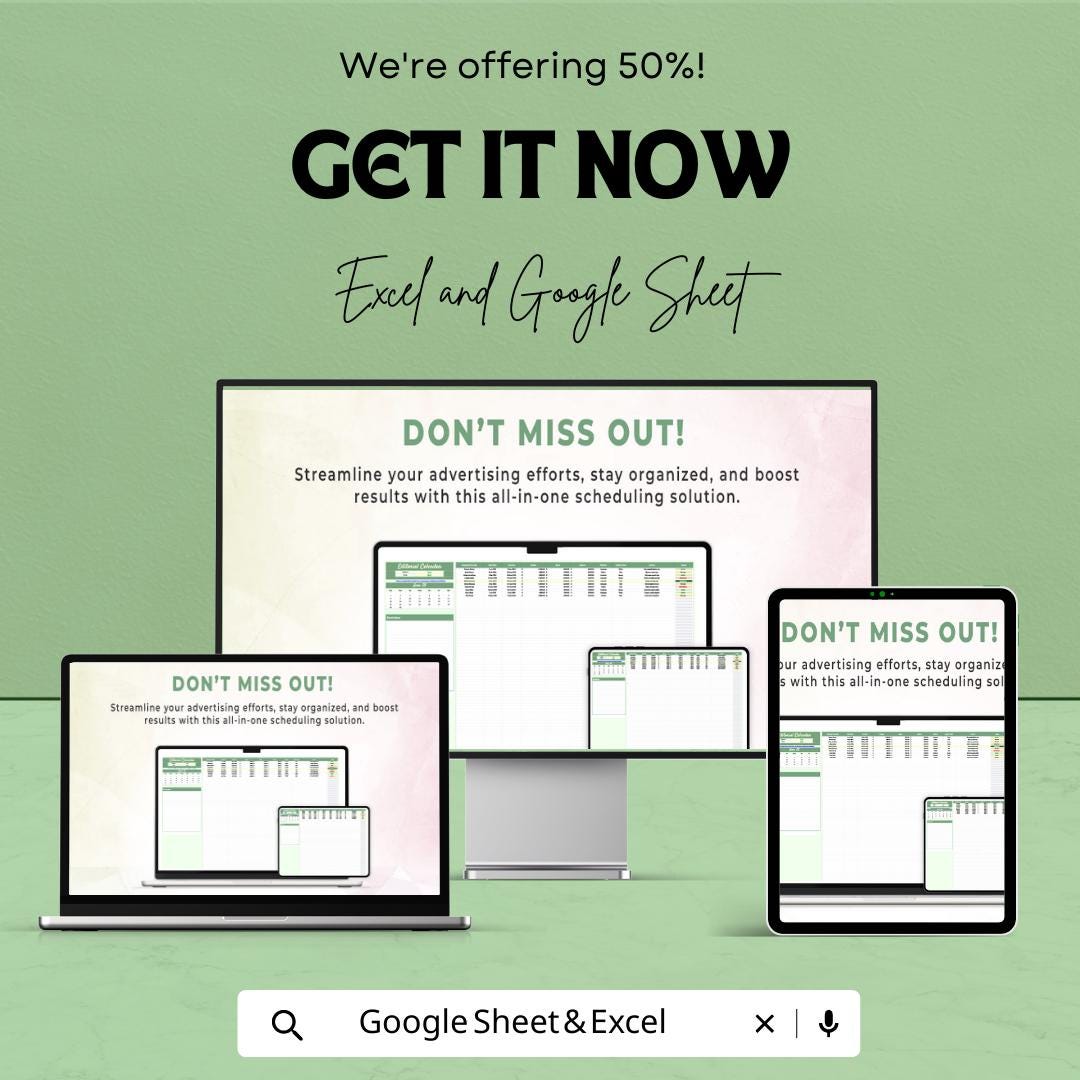 Advertising Content Editorial Calendar Template, Marketing Editorial Calendar, Content Planner Excel, Ad Campaign Content Schedule