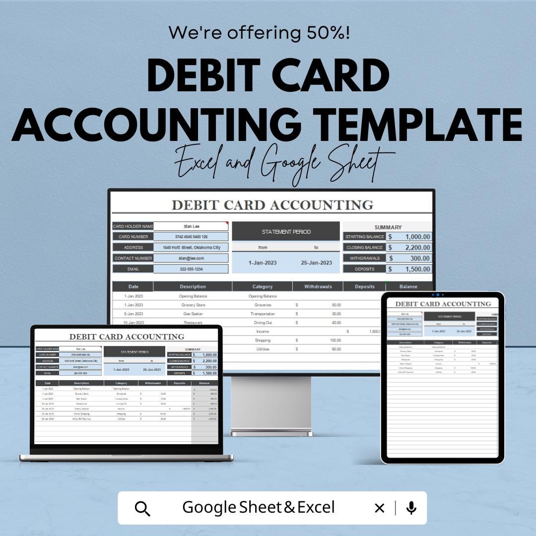 Debit Card Accounting Template | Excel & Google Sheets | Debit Tracking Sheet | Expense Tracker | Budget Template | Finance Tracker