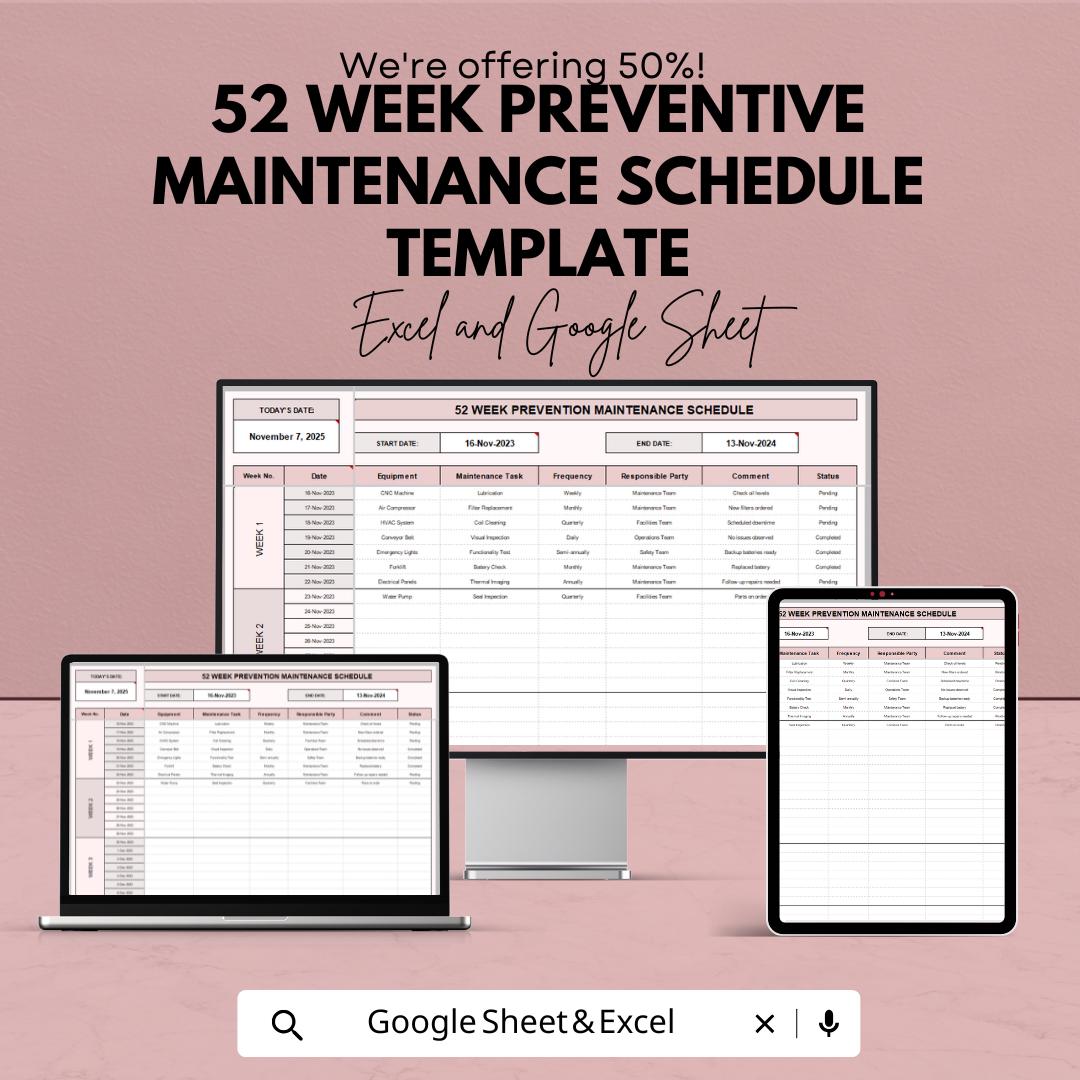 52 Week Preventive Maintenance Schedule Template | Annual Maintenance Planner | Equipment Service Log