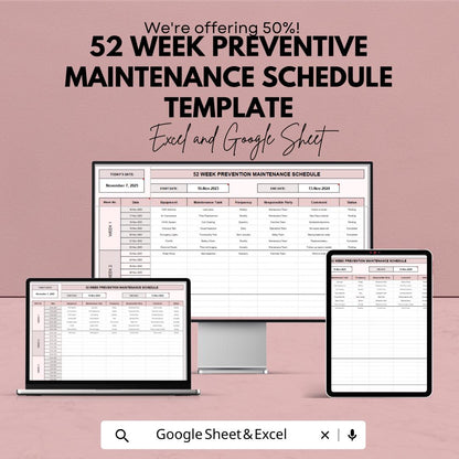 52 Week Preventive Maintenance Schedule Template | Annual Maintenance Planner | Equipment Service Log