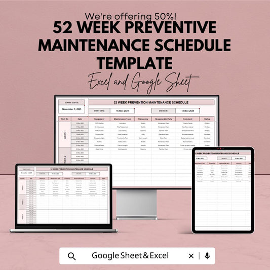 52 Week Preventive Maintenance Schedule Template | Annual Maintenance Planner | Equipment Service Log