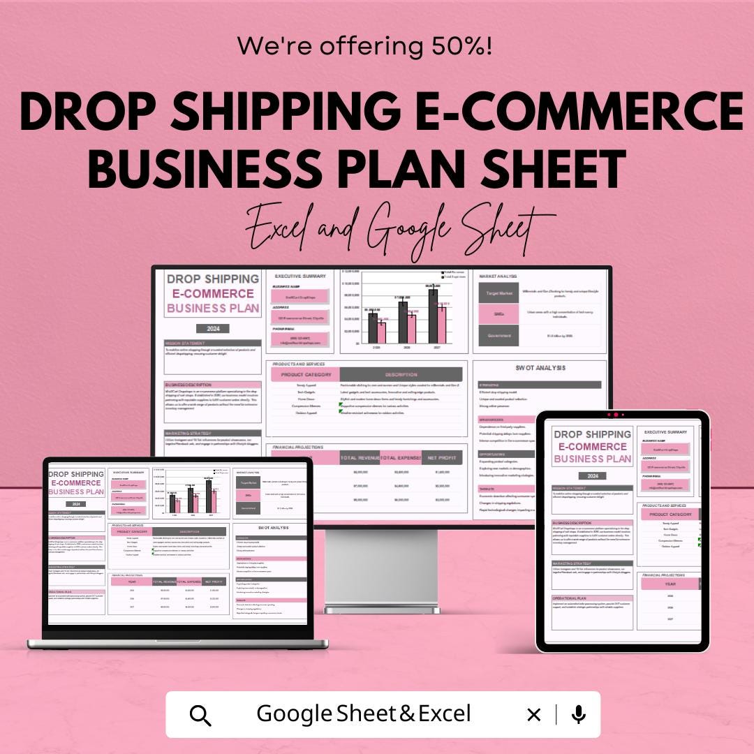 Drop Shipping E-commerce Business Plan Sheet | Google Sheets Template for Online Store Success | Business Strategy & Financial Projections