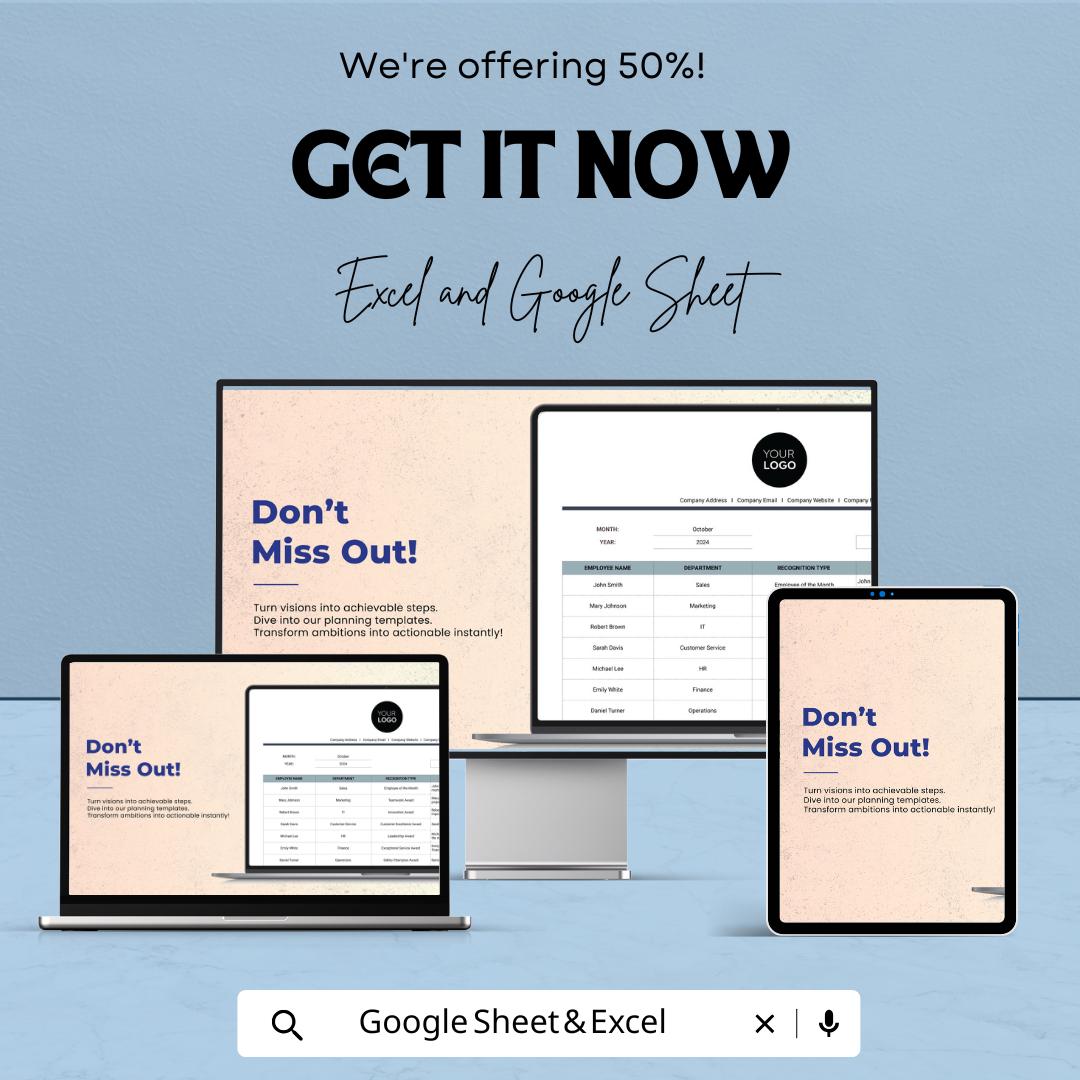 Employee Recognition Log HR Template, Excel & Google Sheets, Staff Appreciation Tracker, Employee Awards Log, HR Performance Spreadsheet