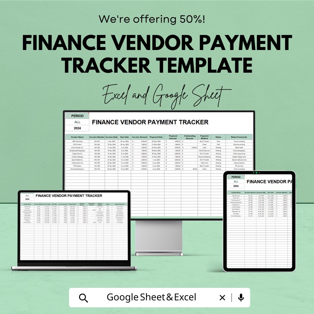 Finance Vendor Payment Tracker Template | Vendor Payment Log | Invoice Tracker Spreadsheet | Business Finance Template
