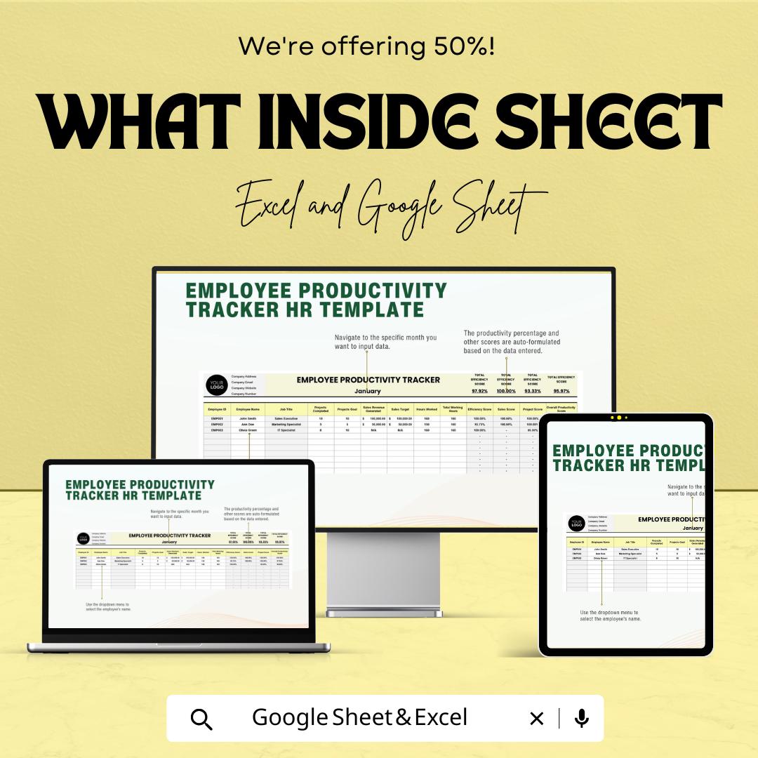 Employee Productivity Tracker HR Template - Excel & Google Sheets, Boost Team Efficiency, Performance Metrics, HR Management Tool