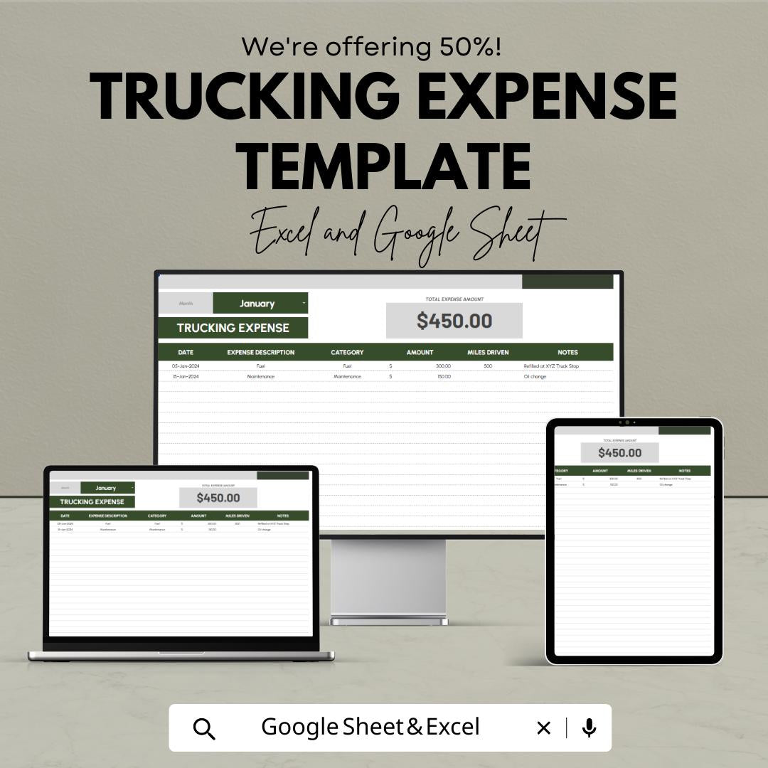 Trucking Expense Template | Truck Driver Expense Tracker | Excel & Google Sheets | Owner Operator Accounting | Fleet Expense Log