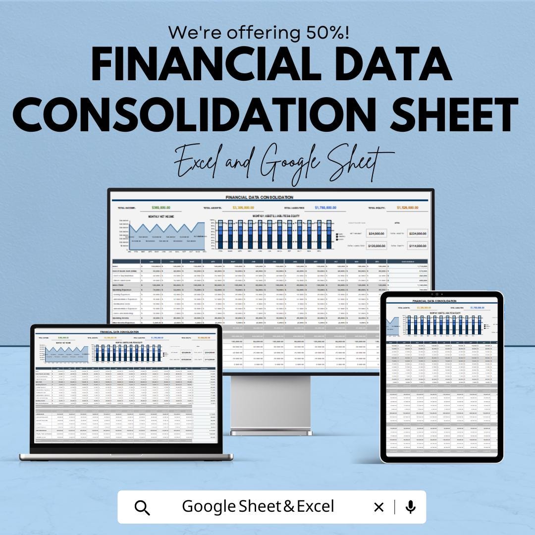 Financial Data Consolidation Sheet | Excel and Google Sheet Template | Budget Tracking, Financial Reporting & Data Analysis