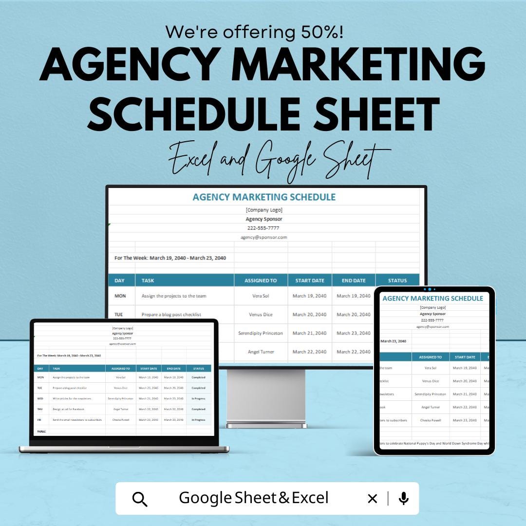 Agency Marketing Schedule Sheet | Google Sheets & Excel Template | Weekly Planner for Agencies, Task Tracker, Project Organizer