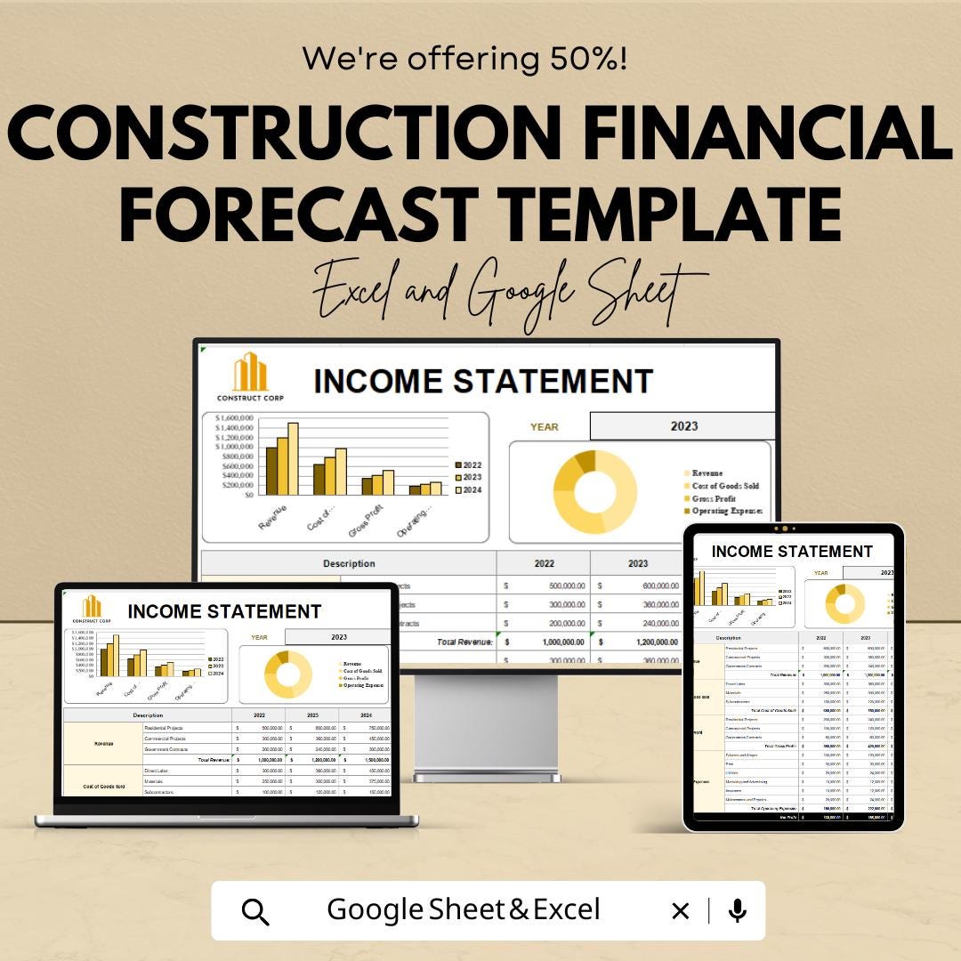 Construction Financial Forecast Template | Income Statement Balance Sheet Cash Flow | Construction Budget and Cost Forecast