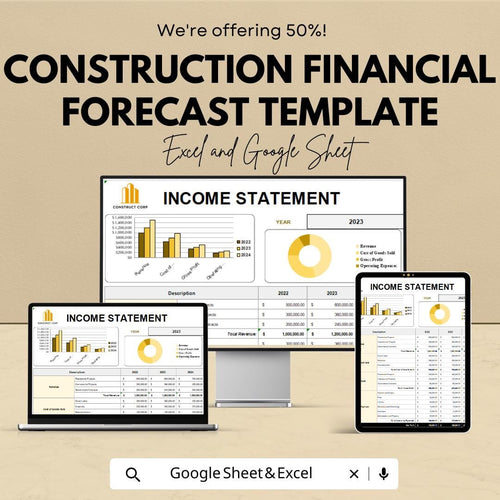 Construction Financial Forecast Template | Income Statement Balance Sheet Cash Flow | Construction Budget and Cost Forecast
