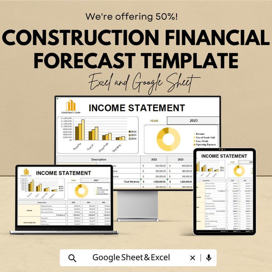 Construction Financial Forecast Template | Income Statement Balance Sheet Cash Flow | Construction Budget and Cost Forecast