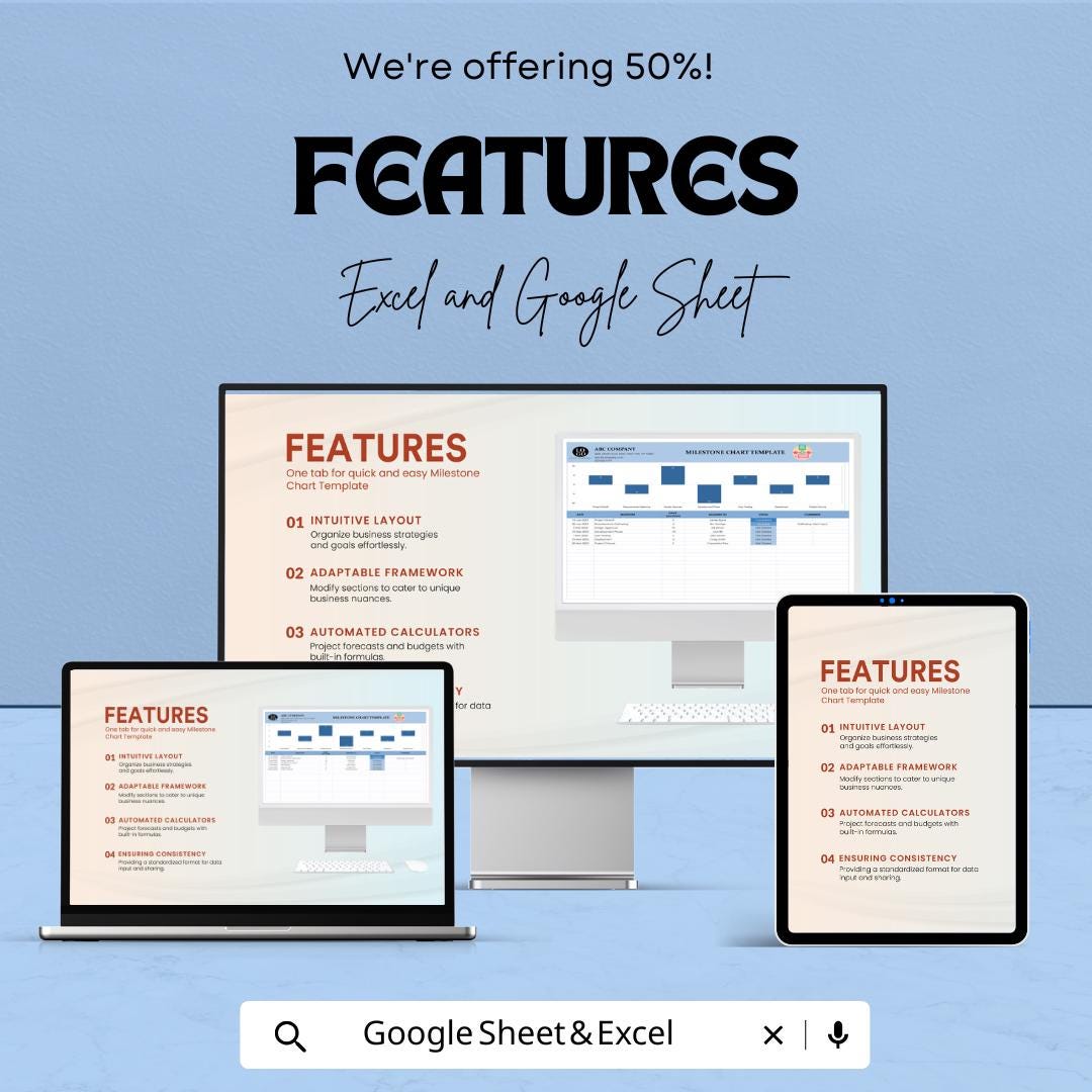 Milestone Chart Sheet for Excel & Google Sheets - 50% Off - Track Project Milestones and Goal