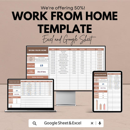 Work From Home Template | Remote Work Tracker | Excel & Google Sheets | Productivity Planner | Daily Task Log | Work Hours Tracker