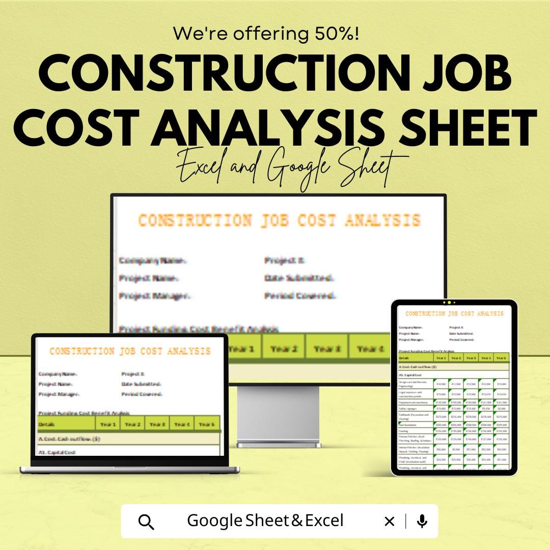 Construction Job Cost Analysis Sheet | Excel & Google Sheet | Track and Manage Project Finances | 50% Off | Instant Download