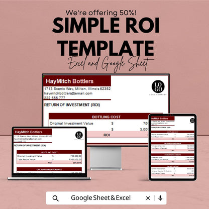 Simple ROI Template | Return on Investment Calculator | Business Finance Tracker | Profit Analysis Spreadsheet | Financial Planner