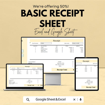 Basic Receipt Sheet for Excel & Google Sheets – Simple Receipt Template, Editable Invoice, Payment Record, Cash Receipt, 50% Off