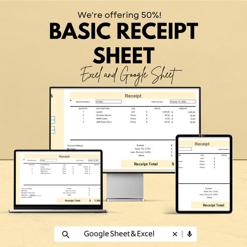 Basic Receipt Sheet for Excel & Google Sheets – Simple Receipt Template, Editable Invoice, Payment Record, Cash Receipt, 50% Off