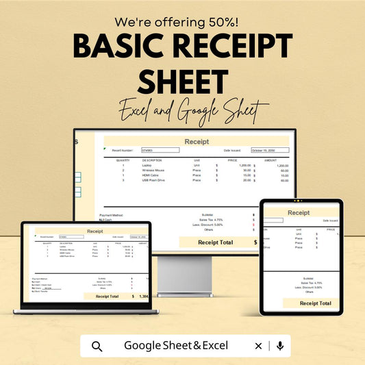 Basic Receipt Sheet for Excel & Google Sheets – Simple Receipt Template, Editable Invoice, Payment Record, Cash Receipt, 50% Off