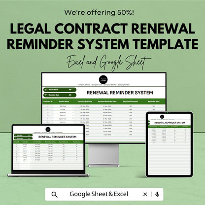 Legal Contract Renewal Tracker, Contract Reminder Template, Law Office Renewal System, Excel & Google Sheets Contract Management Tool