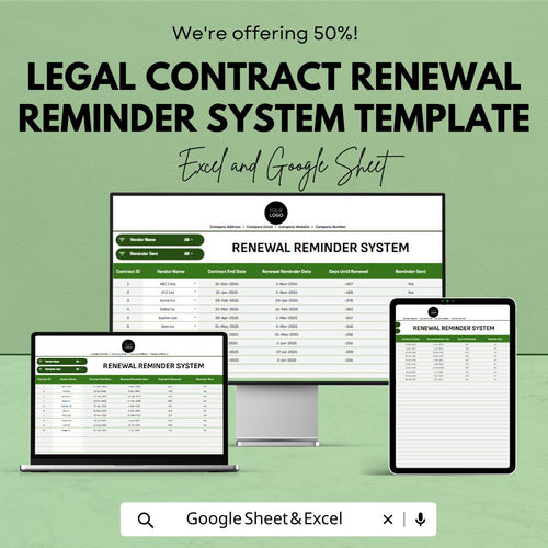 Legal Contract Renewal Tracker, Contract Reminder Template, Law Office Renewal System, Excel & Google Sheets Contract Management Tool