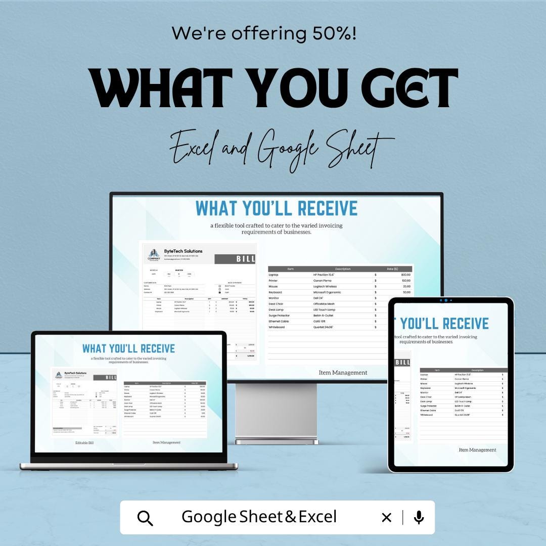 Editable Bill Template | Professional Invoice Spreadsheet | Custom Billing Template | Excel & Google Sheets | Business Invoice Generator |