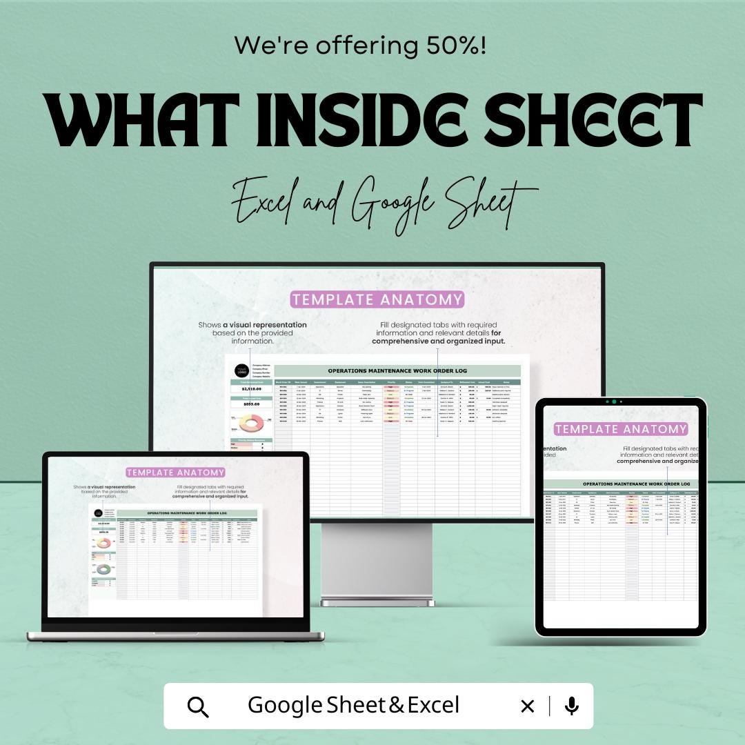 Maintenance Work Order Log | Excel & Google Sheets | Operations Tracker | Task Completion Sheet | Work Order Dashboard Template
