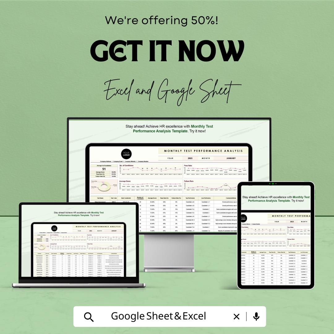 Monthly Test Performance Analysis Template, HR Performance Dashboard, Employee Test Tracker, Recruitment Metrics, Excel Google Sheets